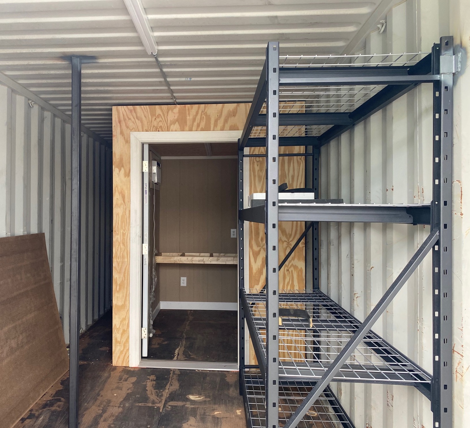 Container with shelving and interior design for storage